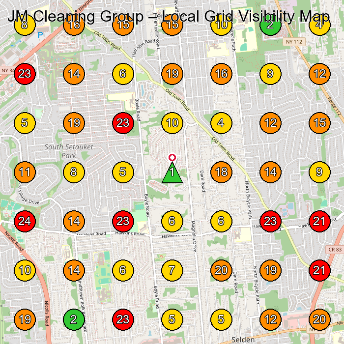 JM Cleaning Group House Cleaning Service GeoGrid ranking map for Selden NY